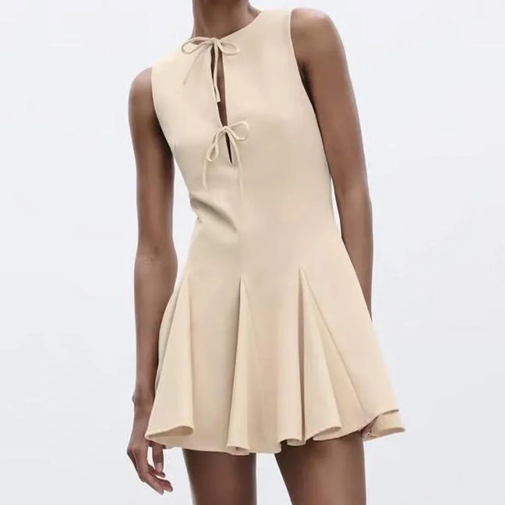 Zara Beige Mini Godet Fit & Flare Dress w/ Front Bow Detail, Sleeveless Sz M NWT - Picture 7 of 8